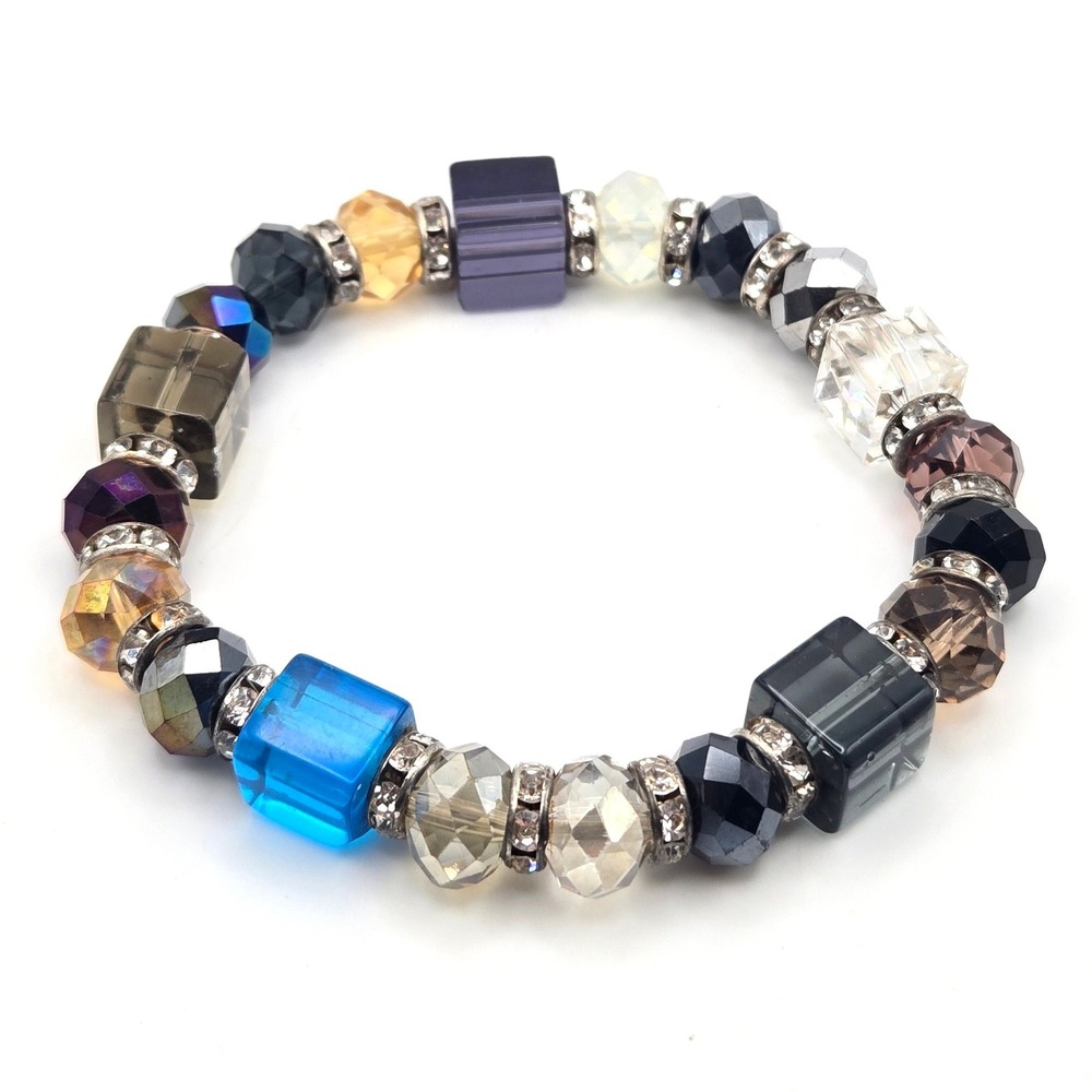 Multicolor Faceted Glass Crystal Cube Stretch Bracelet Silver Tone Rhinestone